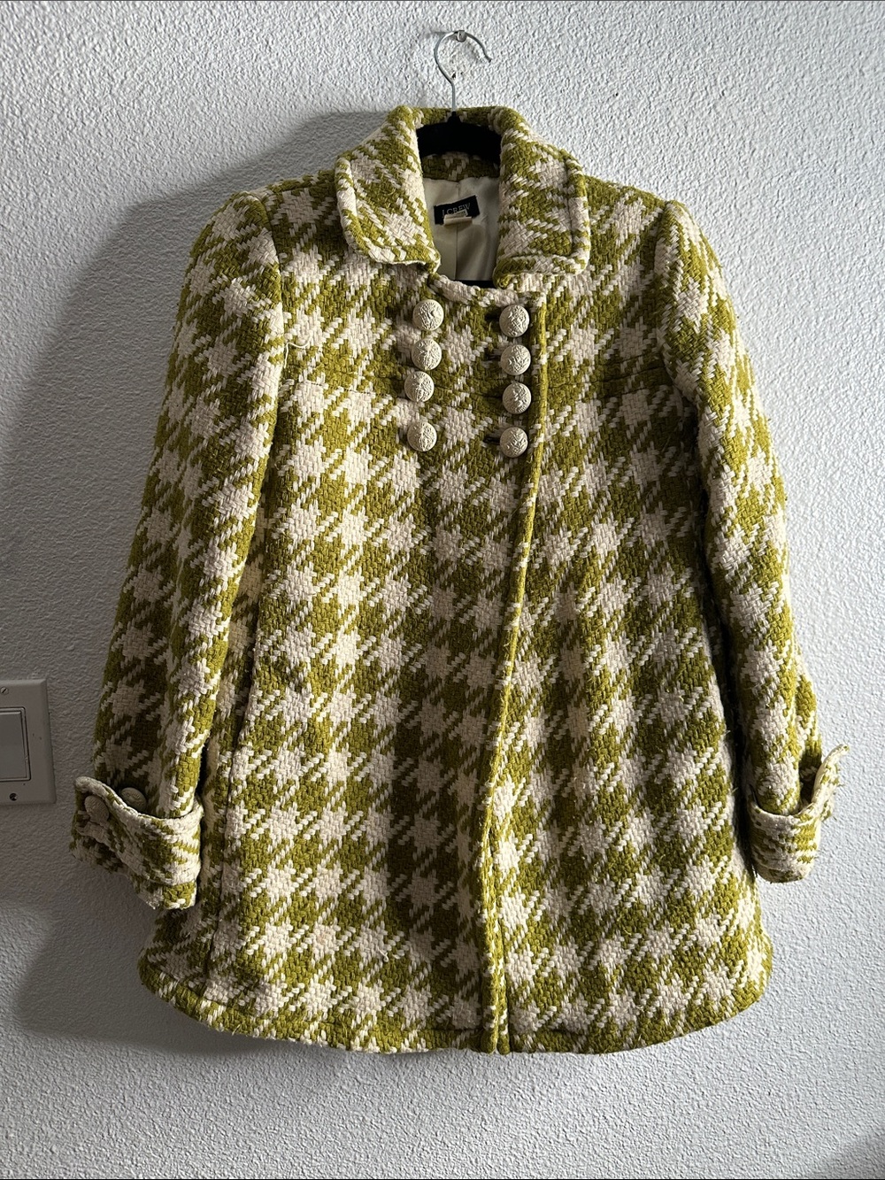 J crew Olive & Cream Houndstooth Wool-Blend Coat - Women size 0